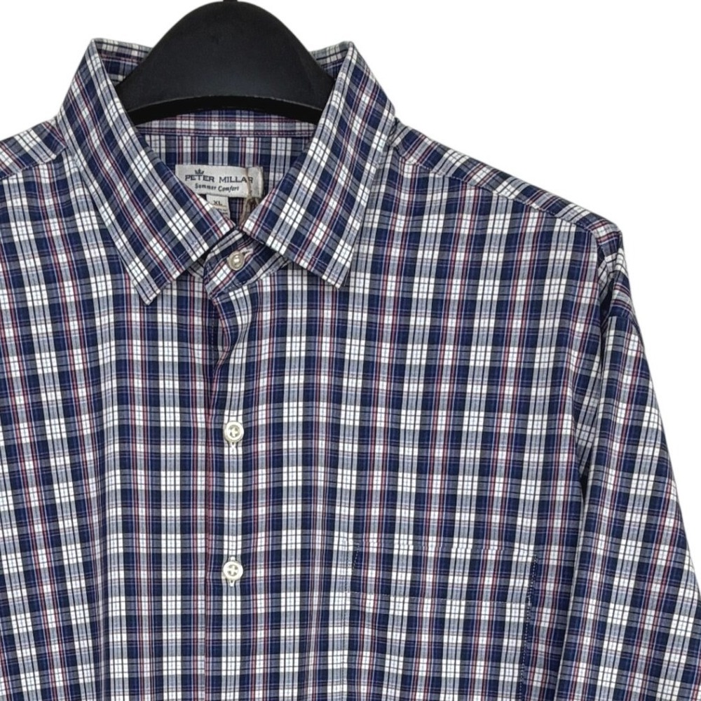 Peter Millar SUMMER COMFORT Shirt Mens XL Blue Plaid Wicking Performance Stretch
